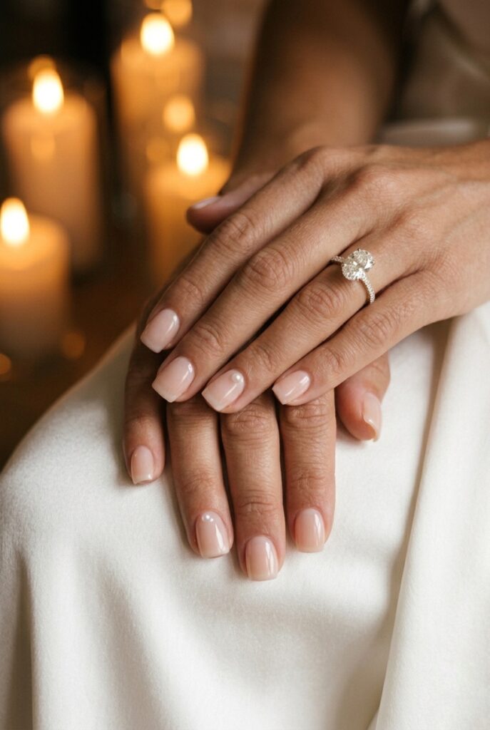 Photorealistic close-up portrait of a bride's hands showing soft-square nails in a champagne sheer base with a single tiny freshwater pearl bead placed at the cuticle edge of each ring finger nail, all other nails in clean champagne sheer, medium length nails, the hands are positioned slightly overlapping with the diamond rings visible on each, warm romantic candlelit atmosphere with soft amber light warming the pearl details and the ring diamonds, cuticles immaculate, the pearl detail is the only embellishment, precise and restrained, editorial bridal photography quality. Generate in vertical portrait orientation, 2:3 aspect ratio, optimized for mobile display.