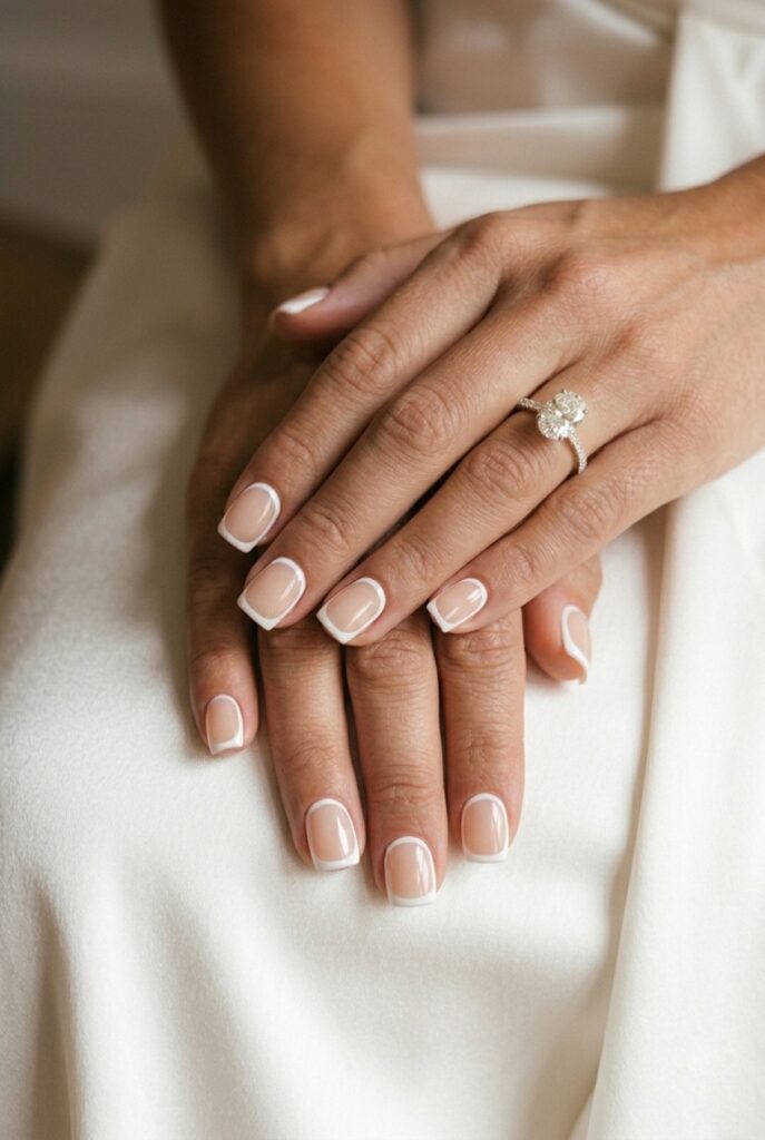 Photorealistic close-up portrait of a bride's hand with negative space square nails — the nails show only a thin white outline at the very tip of each square nail, leaving the interior of the tip unpainted to reveal the natural nail, creating a graphic outline French effect, the base below the tip outline is sheer champagne, soft square nail shape at medium length, soft natural window light creating a clean airy atmosphere, diamond solitaire ring on ring finger, cuticles immaculate, the overall effect is graphic and architectural yet minimal, editorial quality. Generate in vertical portrait orientation, 2:3 aspect ratio, optimized for mobile display.
