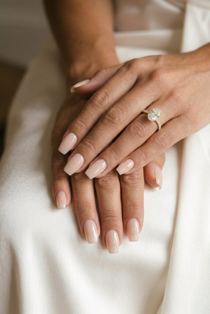 Photorealistic close-up portrait of a bride's hand with square French nails — a muted blush-rose sheer base with a clean white tip approximately 1.5mm wide, soft square nail shape at medium-short length, the hand holds a single white ranunculus bloom near the face of the flower, warm romantic candlelit atmosphere creating a soft amber glow on the hand and the petals, diamond ring on the ring finger catching the warmth, cuticles immaculate, the blush base is distinctly visible and softly pigmented rather than sheer, the combination reads as modern and intentional rather than classic, editorial bridal photography quality. Generate in vertical portrait orientation, 2:3 aspect ratio, optimized for mobile display.