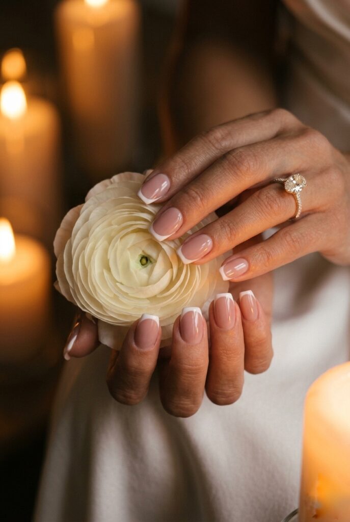 Photorealistic close-up portrait of a bride's hand with square French nails — a muted blush-rose sheer base with a clean white tip approximately 1.5mm wide, soft square nail shape at medium-short length, the hand holds a single white ranunculus bloom near the face of the flower, warm romantic candlelit atmosphere creating a soft amber glow on the hand and the petals, diamond ring on the ring finger catching the warmth, cuticles immaculate, the blush base is distinctly visible and softly pigmented rather than sheer, the combination reads as modern and intentional rather than classic, editorial bridal photography quality. Generate in vertical portrait orientation, 2:3 aspect ratio, optimized for mobile display.