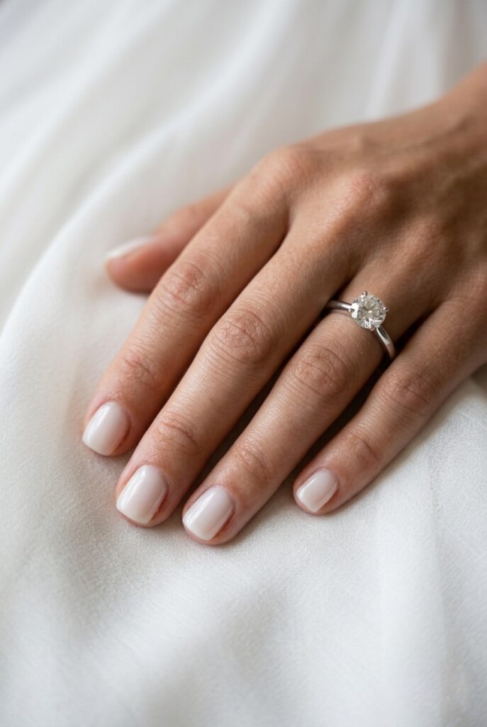 IMAGE 1 HERE Alt text: Short oval bridal nails with sheer milky nude polish and high-gloss finish on bride's hand, diamond engagement ring in focus Image prompt: Photorealistic close-up portrait of a bride's hand with short oval nails — approximately 1mm past the fingertip — polished in a sheer milky white-nude, the finish is ultra-high gloss creating an almost wet-looking surface, diamond solitaire ring prominent on ring finger, the hand rests on soft white chiffon fabric, soft natural window light from a large window at 45 degrees creating a luminous glow across the nail surface and stone, cuticles immaculate with no dry skin, skin warm and hydrated, zero embellishments, editorial bridal photography quality. Generate in vertical portrait orientation, 2:3 aspect ratio, optimized for mobile display.
