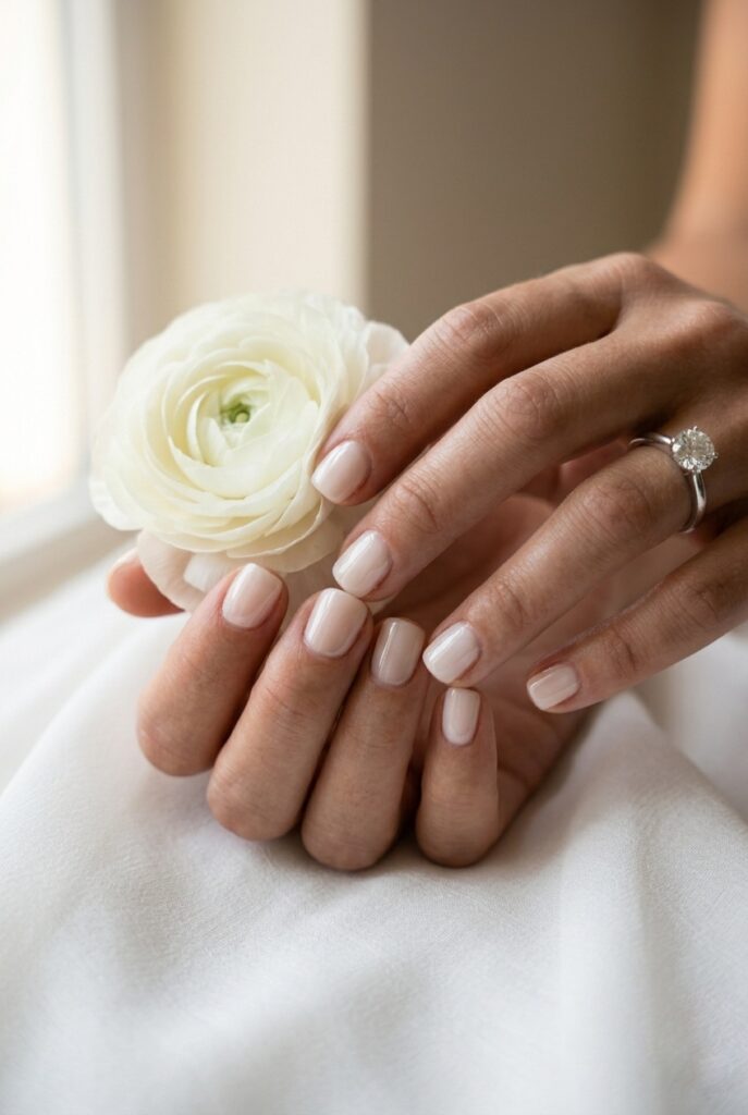 IMAGE 2 HERE Alt text: Short square bridal nails with ultra-high gloss gel finish catching window light on a bride's hand holding white ranunculus Image prompt: Photorealistic close-up portrait of a bride's hand with short soft-square nails polished in a sheer champagne-pink gel with a mirror-level ultra-high gloss top coat, the hand holds a single white ranunculus bloom, soft natural window light from a large window creating a strong directional glow that catches the high-gloss nail surface and creates a visible light reflection across the nails, diamond engagement ring on ring finger, cuticles immaculate, the gloss level is the visual star of the image rather than any color or design, the nails look wet and luminous, editorial quality. Generate in vertical portrait orientation, 2:3 aspect ratio, optimized for mobile display.