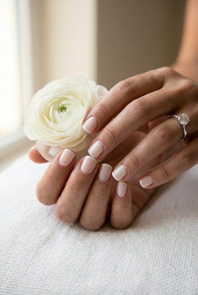 IMAGE 3 HERE Alt text: Short oval nails with micro French manicure, ultra-thin white tip barely visible, on bride's hand with diamond ring on white fabric Image prompt: Photorealistic close-up portrait of a bride's hand with short oval nails and a micro French manicure — the white tip is no wider than 1mm, barely a thread of white at the very edge of each nail, a sheer champagne base below, the overall effect reads as almost a natural nail at arm's length but resolves into a deliberate fine detail at close range, diamond solitaire ring on ring finger, the hand rests on heavy white cotton fabric, soft natural window light from a window at 45 degrees creating a clean airy luminous feel, cuticles immaculate, no embellishments, editorial bridal photography quality. Generate in vertical portrait orientation, 2:3 aspect ratio, optimized for mobile display.