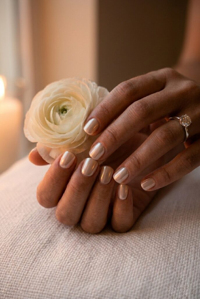 IMAGE 4 HERE Alt text: Short rounded bridal nails with soft pearl chrome opalescent finish on bride's hand, ring diamond catching warm light Image prompt: Photorealistic close-up portrait of a bride's hand with short oval nails covered in a soft pearl chrome finish — the nails have an iridescent opalescent sheen that shifts between white and soft champagne at different angles, the overall effect is luminous and skin-adjacent rather than metallic or mirror-silver, warm romantic candlelit atmosphere creating an amber rim glow on each nail surface and making the iridescent quality visible, diamond engagement ring on ring finger catching the warm light, cuticles immaculate and hydrated, no French tip or nail art detail, the nails themselves are the statement, editorial bridal photography quality. Generate in vertical portrait orientation, 2:3 aspect ratio, optimized for mobile display.