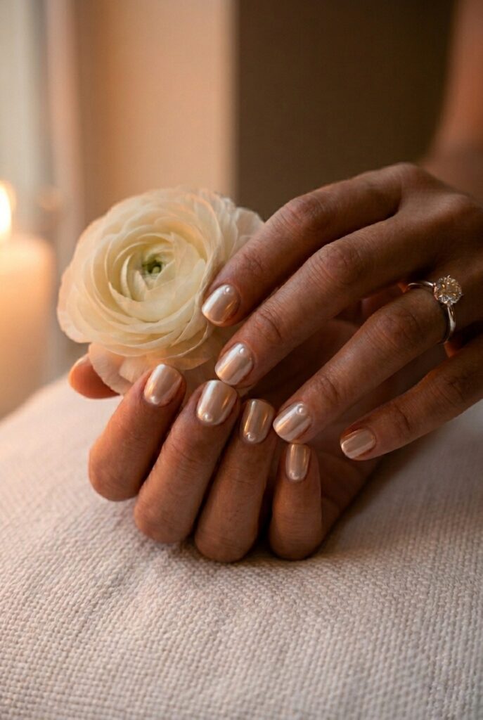 IMAGE 5 HERE Alt text: Short bridal nails with a single tiny pearl bead accent at the cuticle of the ring finger on each hand, champagne gel base Image prompt: Photorealistic close-up portrait of a bride's hands — both hands visible — with short oval nails in a sheer champagne gel base, a single very small freshwater pearl bead (approximately 2mm diameter) placed precisely at the cuticle edge of the ring finger nail on each hand, all other nails in clean champagne sheer with no embellishment, diamond rings on both ring fingers, warm romantic candlelit atmosphere with soft amber light catching the pearl surface and the ring diamonds, cuticles immaculate, the pearl detail is the only variation from an otherwise completely clean set, the restraint is the statement, editorial bridal photography quality. Generate in vertical portrait orientation, 2:3 aspect ratio, optimized for mobile display.