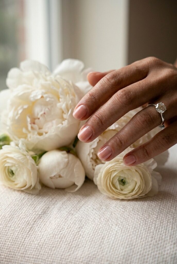IMAGE 6 HERE Alt text: Short bridal nails with soft blush-rose sheer gel polish on oval nails, bride's hand with diamond ring resting near white peonies Image prompt: Photorealistic close-up portrait of a bride's hand with short oval nails polished in a sheer blush-rose gel — lightly pigmented enough to be distinctly rose-tinted rather than nude, but translucent enough to show the natural nail beneath, high-gloss finish, the hand is held near a loose arrangement of white garden peonies and small ranunculus blooms, soft natural window light from the side creating a clean romantic atmosphere, diamond engagement ring on ring finger, cuticles immaculate, no French tip or embellishment, the color itself is the choice, editorial bridal photography quality. Generate in vertical portrait orientation, 2:3 aspect ratio, optimized for mobile display.