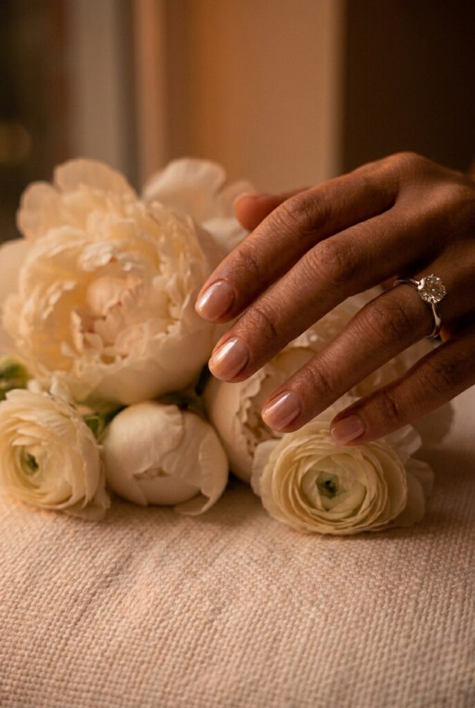 IMAGE 7 HERE Alt text: Short oval bridal nails with glazed sheer opalescent finish on bride's hand in warm reception candlelight Image prompt: Photorealistic close-up portrait of a bride's hand with short oval nails finished in a glazed sheer opalescent gel — the nails appear nearly colorless in direct light but show a soft warm pearl shimmer from different angles, as if the nail itself is luminous rather than polished, the overall effect is the visual equivalent of glazed ceramic, warm romantic candlelit atmosphere with amber light catching the opalescent quality of the glaze across each nail, diamond ring on ring finger catching the same warm light, cuticles immaculate and hydrated, skin tones warm, no embellishment or tip detail, editorial bridal photography quality. Generate in vertical portrait orientation, 2:3 aspect ratio, optimized for mobile display.