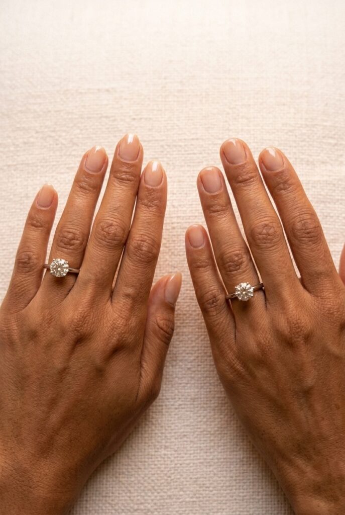 IMAGE 8 HERE Alt text: Side-by-side of short oval and short round bridal nails on a bride's hands, both in sheer champagne gel with high gloss finish Image prompt: Photorealistic close-up portrait showing two bride's hands side by side in natural light — the left hand shows short oval nails (slight taper toward a gently pointed tip) in sheer champagne gel with high gloss, the right hand shows short round nails (fully curved tip with no taper) in the same sheer champagne with the same high gloss, diamond rings visible on both ring fingers, soft natural window light from above creating a clear overhead light that illuminates the subtle difference in tip shape between the two hands, cuticles immaculate on both, the image is a direct visual comparison of the two shapes at identical lengths and polish, editorial quality. Generate in vertical portrait orientation, 2:3 aspect ratio, optimized for mobile display.