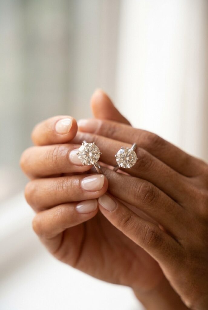 IMAGE 9 HERE Alt text: Short bridal nails in sheer near-white gel polish on bride's hand, diamond ring completely commanding the frame in window light Image prompt: Photorealistic close-up portrait of a bride's hand with short oval nails polished in a sheer near-white gel — the color is barely distinguishable from the natural nail but has a clean white warmth to it and a high-gloss finish, the diamond solitaire ring is so prominently featured in the frame that it is clearly the compositional subject, the nails support the ring rather than competing with it, soft natural window light from a large window creating a bright airy atmosphere, cuticles immaculate, skin tones warm and healthy, no embellishments, the image is composed so the ring is visibly the star, editorial bridal photography quality. Generate in vertical portrait orientation, 2:3 aspect ratio, optimized for mobile display.