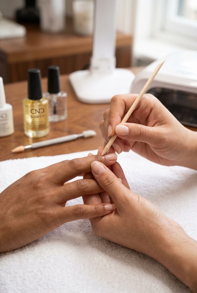 IMAGE 10 HERE Alt text: Close-up of bridal nail appointment — nail technician pushing back cuticles on a bride's short nail in a clean salon setting Image prompt: Photorealistic close-up portrait set in a clean modern nail salon — a nail technician's hands are gently pushing back the cuticle of a single short oval nail on a bride's hand using a wooden cuticle pusher, the bride's hand is relaxed on a white towel, soft warm salon lighting supplemented by natural window light, the nail being worked on is short and natural with no polish yet, the skin around the nail bed is clearly the focus of the technician's preparation, bottles of CND SolarOil and a rubber-tipped cuticle pusher visible on the table in blurred background, the scene captures the preparation phase rather than the finished result, professional and calm atmosphere, editorial quality. Generate in vertical portrait orientation, 2:3 aspect ratio, optimized for mobile display.