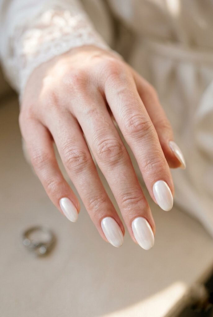Simple milky white bridal manicure with pearlescent finish on oval-shaped nails