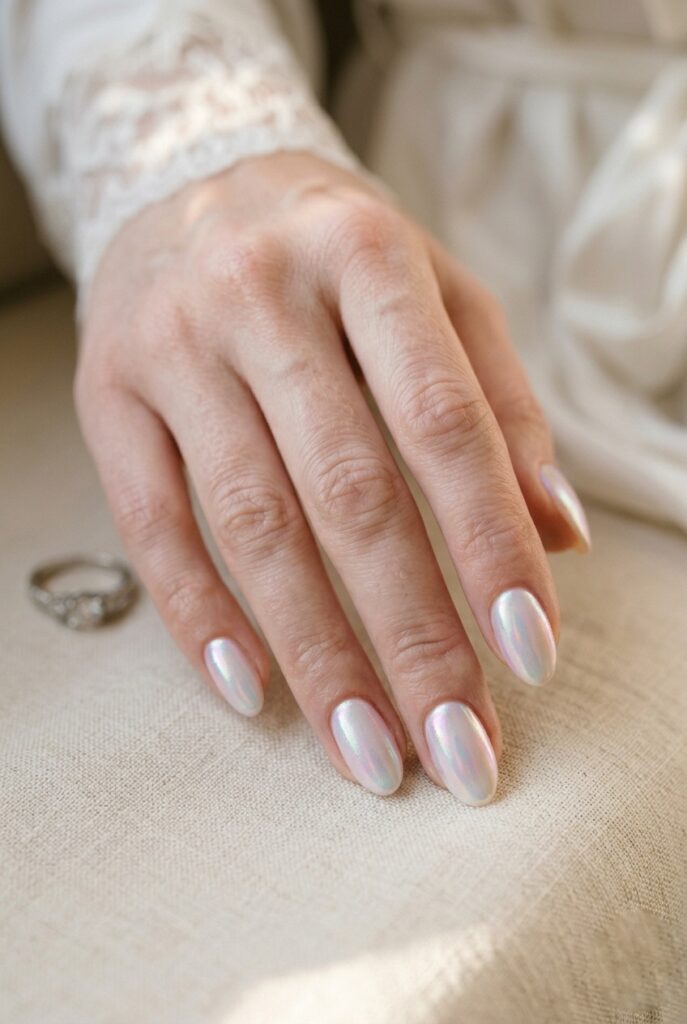 Simple milky white bridal manicure with pearlescent finish on oval-shaped nails