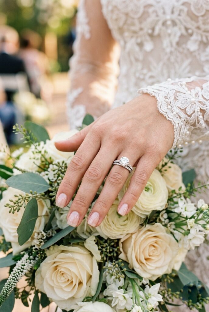 Micro French tip bridal manicure with barely-there white line on nude base