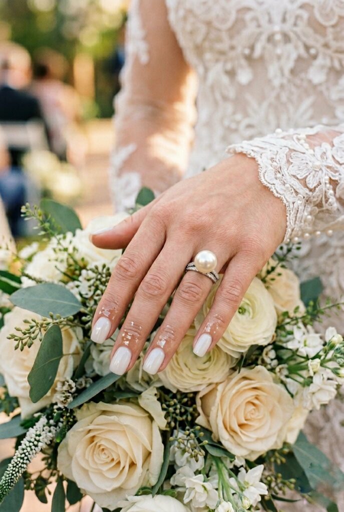 Glazed donut bridal nails with glossy dewy finish on milky white base