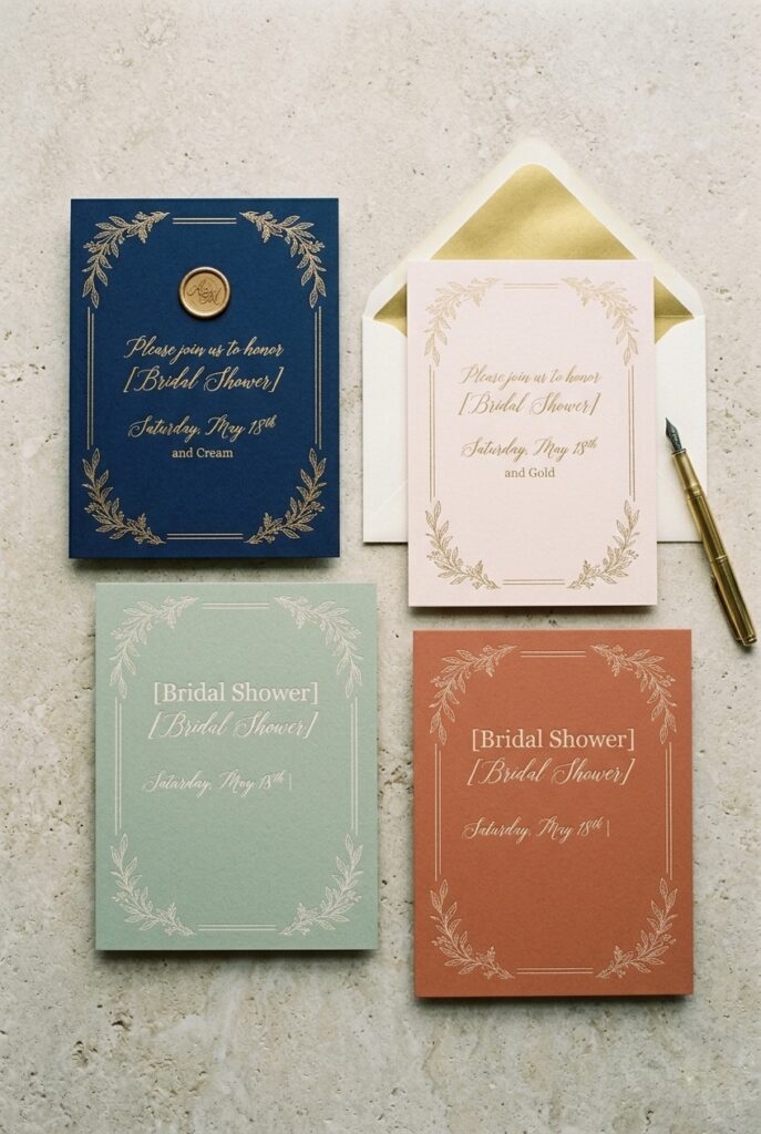 6. IMAGE 3 HERE Alt text: Collection of bridal shower invitations laid flat showing different single color palettes—one in navy and cream, one in sage and natural, one in blush and gold Image prompt: A flat-lay overhead shot of three to four finished bridal shower invitations arranged on a neutral background, each featuring a single coordinated color palette (one navy with cream, one sage with ivory, one blush with gold), showing how color restraint creates luxury feeling. Each invitation is printed on quality cardstock. Soft natural window light. No text overlays. Generate in vertical portrait orientation, 2:3 aspect ratio, optimized for mobile display.