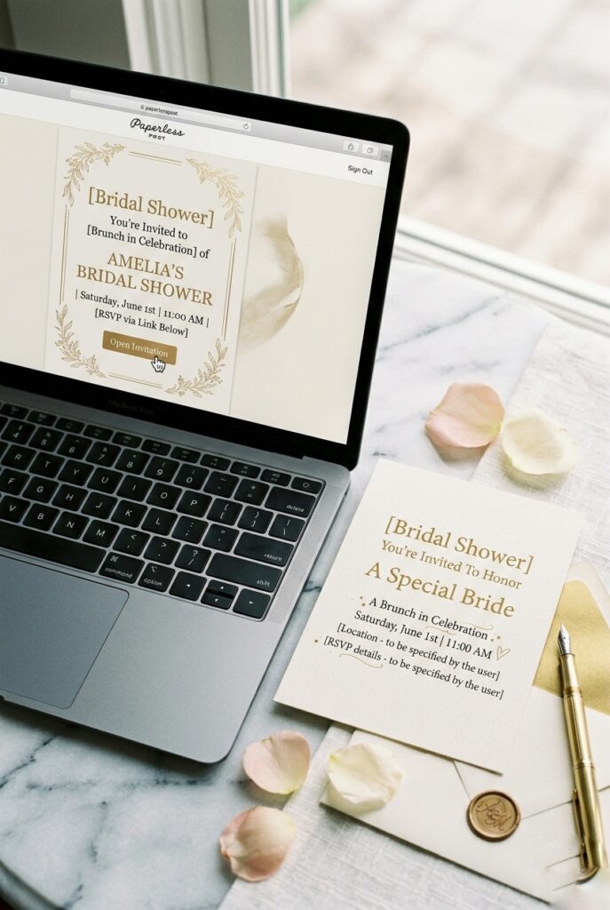 9. IMAGE 5 HERE Alt text: Laptop screen displaying a digital Paperless Post bridal shower invitation with animated elements, plus a printed invitation beside it showing the contrast between digital and physical invitations Image prompt: A styled flat-lay showing a laptop or tablet screen displaying an elegant digital invitation interface, positioned next to a printed cream cardstock invitation on a surface. The scene should show the contrast between digital and physical mediums. Both invitations should feature similar design but show how the printed version feels more tangible and substantial. Soft natural window light from the side. No text overlays. Generate in vertical portrait orientation, 2:3 aspect ratio, optimized for mobile display.