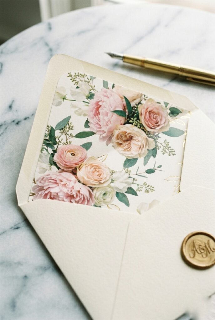12. IMAGE 7 HERE Alt text: Bridal shower envelope with patterned or custom-designed envelope liner visible inside, partially open Image prompt: A bridal shower envelope photographed partially open to reveal a beautiful custom-designed or patterned envelope liner inside. The liner should feature coordinating colors, florals, watercolor, or a meaningful pattern that complements the outer invitation design. The envelope should be cream or white cardstock with the liner visible from the inside. Soft warm window light illuminates the interior. No text overlays. Generate in vertical portrait orientation, 2:3 aspect ratio, optimized for mobile display.
