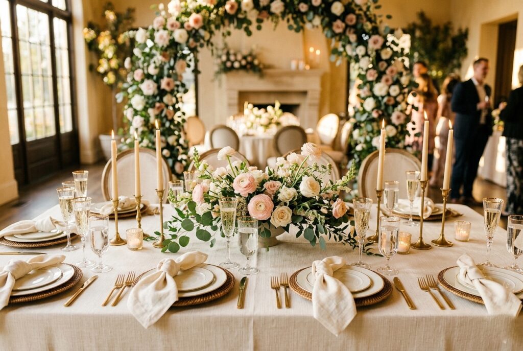 HERO IMAGE / FEATURED IMAGE Alt text: Elegant bridal shower table with blush ranunculus centerpiece, tapered candles in brass holders, linen napkins, and gold-rimmed glassware on a cream-colored tablecloth Image prompt: Photorealistic wide-angle shot of a beautifully styled bridal shower table set for eight guests. The table features a low lush centerpiece of blush and ivory ranunculus with trailing eucalyptus, slim brass taper candle holders with ivory candles, ivory linen napkins folded into loose knots, gold-rimmed champagne flutes, and rattan charger plates on a cream linen tablecloth. A floral arch is softly visible in the background. Warm romantic candlelit atmosphere with golden afternoon light streaming in from the left. Photorealistic, no text overlays. Generate in horizontal landscape orientation, 3:2 aspect ratio, optimized for desktop display.