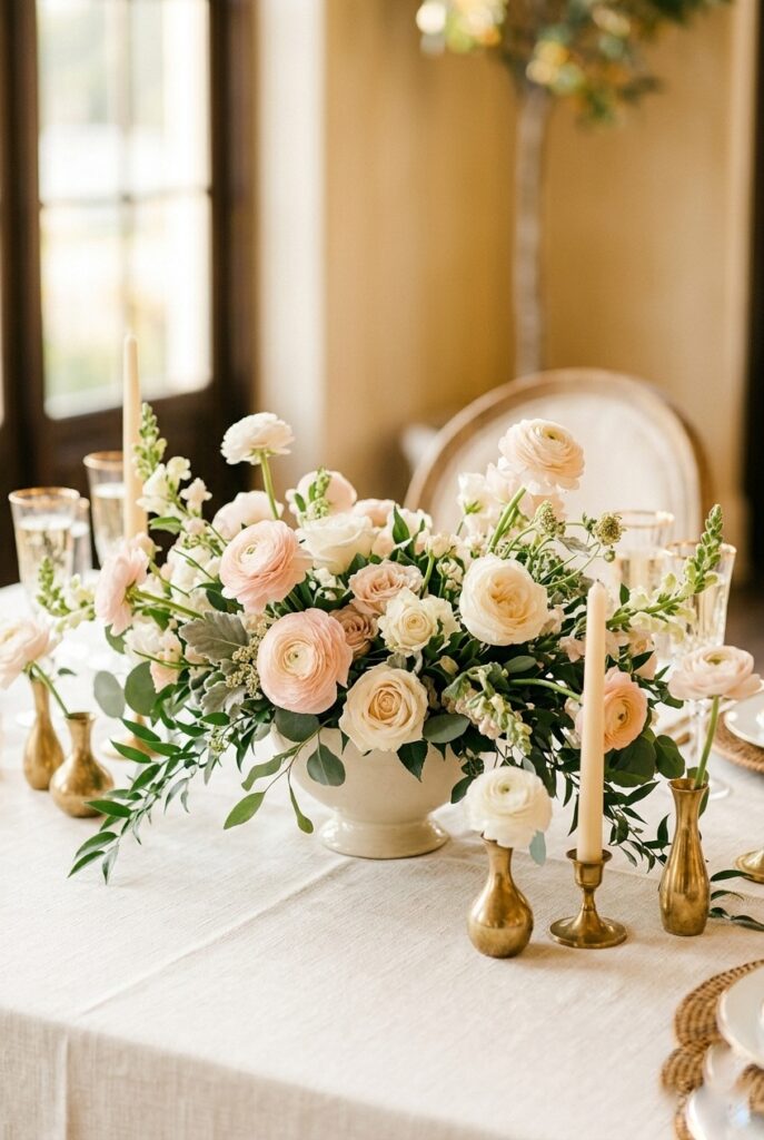 IMAGE 1 HERE Alt text: Low lush bridal shower centerpiece with garden roses, ranunculus, and trailing greenery in a vintage ceramic bowl on a round table Image prompt: Photorealistic close-up shot of a low, abundant bridal shower centerpiece in a creamy off-white ceramic bowl. The arrangement features garden roses in soft blush and cream, white ranunculus, dusty miller leaves, and trailing Italian ruscus greenery spreading naturally across the table surface. The table has a white linen runner with a subtle texture. Surrounding the centerpiece are two unlit taper candles in short brass holders and small bud vases with single stems. Soft natural window light from the left side, bright and airy. Photorealistic, no text overlays. Generate in vertical portrait orientation, 2:3 aspect ratio, optimized for mobile display.