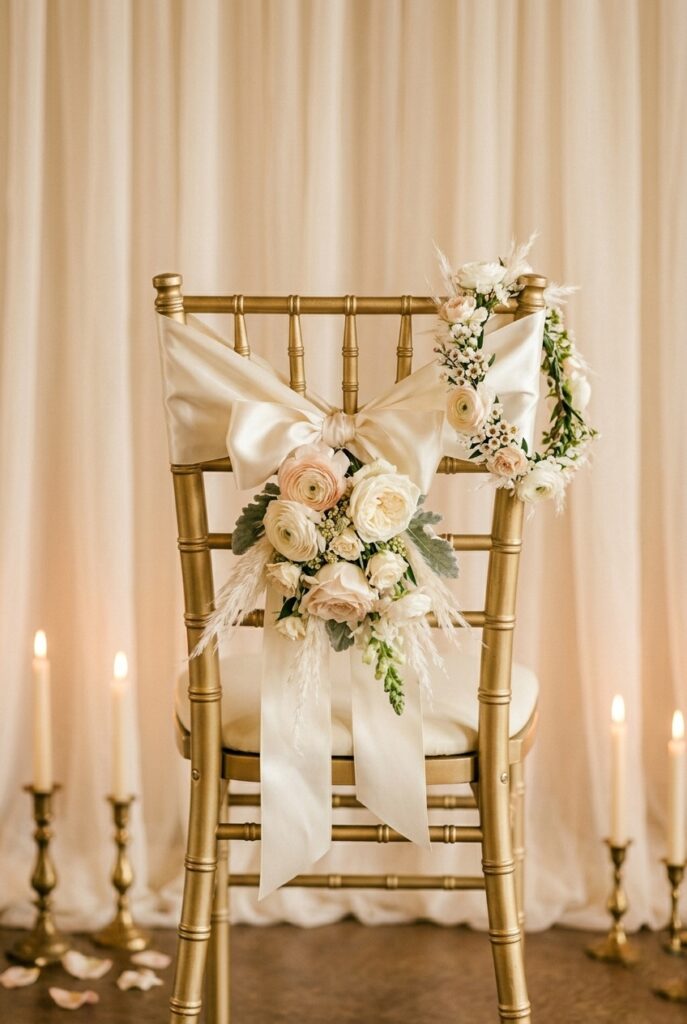 IMAGE 2 HERE Alt text: Elegant bridal shower bride's chair decorated with a white satin ribbon, ivory pampas grass, and a small floral crown on a gold Chiavari chair Image prompt: Photorealistic portrait shot of a gold Chiavari chair styled as a bridal throne for a bridal shower. The chair back is draped with a wide ivory satin ribbon tied in a generous bow, a small arrangement of white pampas grass and ranunculus blooms is tucked into the bow, and a delicate floral crown hangs over the top of the chair. The chair is positioned in front of a gauze curtain backdrop with soft warm light. Warm romantic candlelit atmosphere. Photorealistic, no text overlays. Generate in vertical portrait orientation, 2:3 aspect ratio, optimized for mobile display.