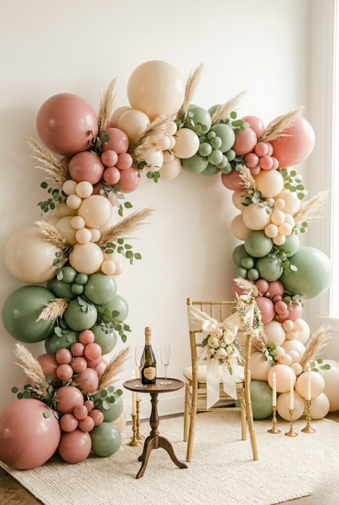 IMAGE 3 HERE Alt text: Organic balloon arch in dusty rose, ivory, and sage green against a white wall for a bridal shower, with dried pampas grass and eucalyptus tucked in Image prompt: Photorealistic wide shot of an organic balloon arch in dusty rose, cream, and sage green balloons in varied sizes, installed against a white interior wall. Dried pampas grass plumes and eucalyptus sprigs are tucked naturally throughout the arch, creating a textured botanical look. The floor beneath the arch has a cream textured rug and a small round table with a prosecco bottle and two glasses. Soft natural window light from the right. Photorealistic, no text overlays. Generate in vertical portrait orientation, 2:3 aspect ratio, optimized for mobile display.