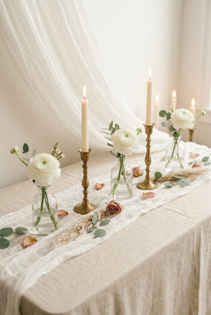 IMAGE 4 HERE Alt text: Bridal shower table with a natural linen tablecloth and a gauze cheesecloth runner layered over it with small bud vases and taper candles Image prompt: Photorealistic close-up shot of a bridal shower table with a natural sand-colored linen tablecloth and a loosely draped white gauze cheesecloth table runner layered on top. Along the runner are three small bud vases in clear glass with single white ranunculus stems, two slim brass taper candle holders, and scattered dried rose petals. The table has a relaxed, effortlessly styled feel. Soft natural window light. Photorealistic, no text overlays. Generate in vertical portrait orientation, 2:3 aspect ratio, optimized for mobile display.