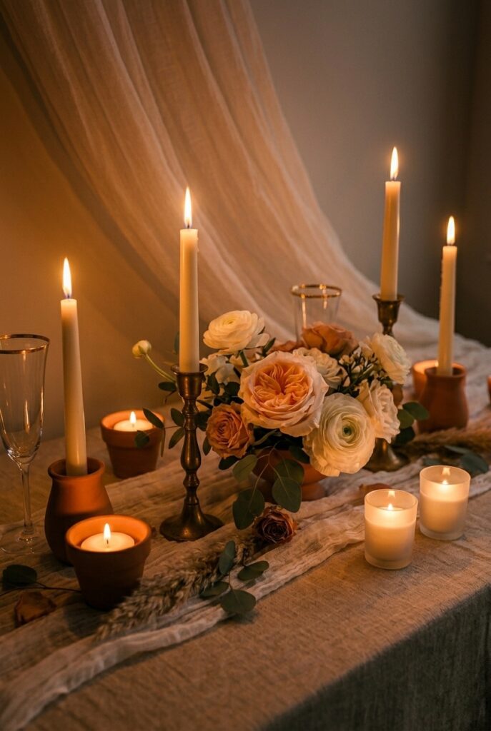IMAGE 5 HERE Alt text: Bridal shower table at dusk with mixed height ivory taper candles in brass and terracotta holders casting warm golden light across flower centerpiece Image prompt: Photorealistic moody close-up of a bridal shower tablescape at dusk. Mixed-height ivory taper candles in slim brass candlestick holders and low terracotta vessels glow with warm golden candlelight. The light catches the petals of a low garden rose centerpiece, casts long soft shadows across the linen tablecloth, and reflects off gold-rimmed champagne glasses. Two shorter pillar candles in frosted glass votives flicker nearby. Warm romantic candlelit atmosphere, no overhead lighting visible. Photorealistic, no text overlays. Generate in vertical portrait orientation, 2:3 aspect ratio, optimized for mobile display.