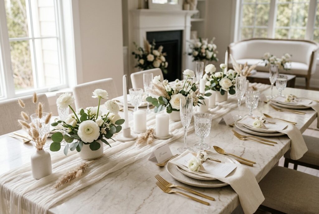 Elegant bridal shower tablescape with white ranunculus, linen napkins, gold flatware, and champagne flutes on a marble table Image prompt: Photorealistic wide shot of a styled bridal shower table setting indoors. White ranunculus in low ceramic vessels, ivory linen napkins folded beside gold flatware, tall champagne flutes catching soft afternoon window light, scattered dried pampas grass sprigs, white pillar candles in varying heights, light marble table surface. Soft natural window light from the left creating gentle shadows. No people visible. Clean, editorial, sophisticated. Generate in horizontal landscape orientation, 3:2 aspect ratio, optimized for desktop display.