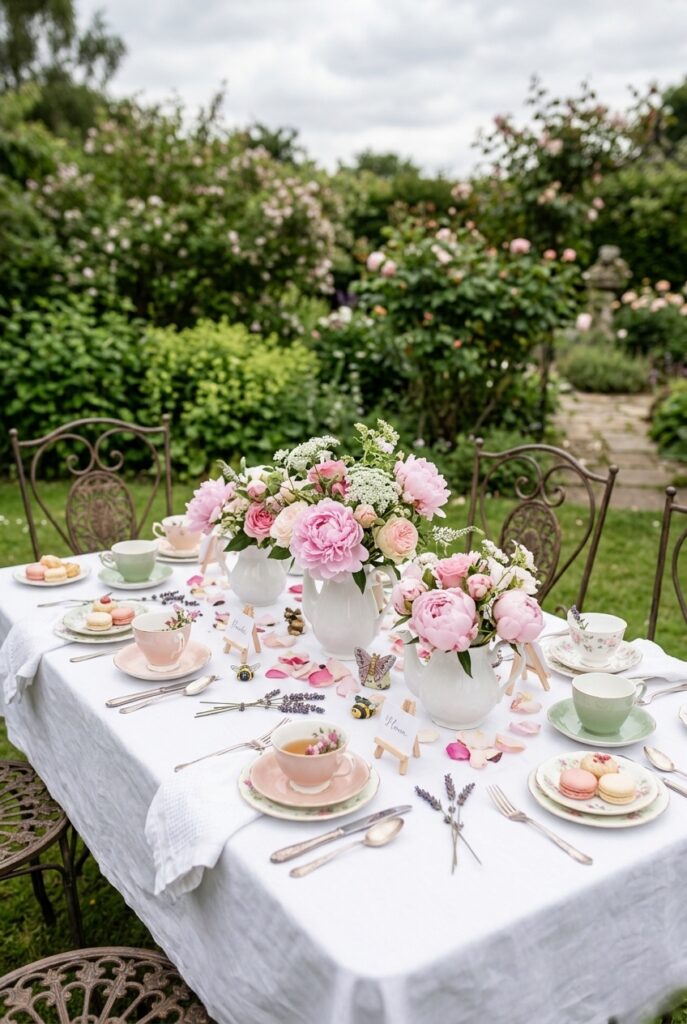 IMAGE 1 HERE Alt text: Garden party bridal shower setup with vintage china, fresh peonies, and mismatched pastel tea cups on a white linen table outdoors Image prompt: Photorealistic portrait-orientation image of an outdoor garden party bridal shower table. Mismatched vintage china tea cups and saucers in blush and sage, fresh pink peonies loosely arranged in white ceramic pitchers, white linen tablecloth, scattered rose petals, small bee and butterfly figurines as table accents, wrought iron garden chairs partially visible. Soft natural diffused daylight, slightly overcast sky creating even light with no harsh shadows. Lush greenery backdrop. No text overlays. Generate in vertical portrait orientation, 2:3 aspect ratio, optimized for mobile display.