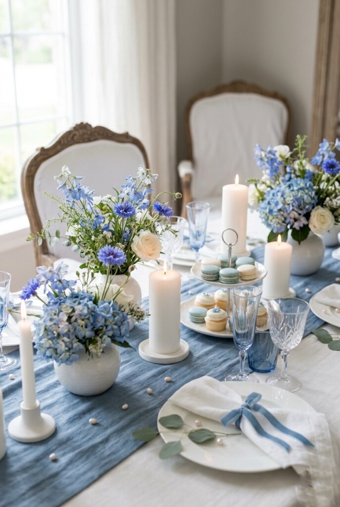 IMAGE 4 HERE Alt text: Something blue bridal shower decor with cornflower blue florals, blue hydrangeas, white candles, and dusty blue ribbon details Image prompt: Photorealistic portrait image of a bridal shower styled in blue and white tones. Blue hydrangeas and cornflowers loosely arranged in white ceramic vases, white pillar candles in varying heights, dusty blue linen table runner, white and blue macarons on a tiered stand, thin blue velvet ribbon tied to white napkins, soft pearl accents on the table. Soft natural window light creating a gentle, airy mood. Elegant and calm. No text overlays. Generate in vertical portrait orientation, 2:3 aspect ratio, optimized for mobile display.