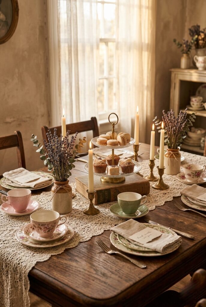 IMAGE 6 HERE Alt text: Vintage bridal shower tea party with mismatched floral china, lace runner, and dried lavender bouquets on an antique wood table Image prompt: Photorealistic portrait image of a vintage bridal shower tea party. Antique wooden table with mismatched floral-patterned china cups and plates in soft pink, sage, and cream, a lace table runner, small vases of dried lavender and eucalyptus, an old hardcover book used as a riser for a tiered cake stand, ivory taper candles in brass holders, hand-written place cards. Soft warm afternoon natural light through sheer curtains. Aged, romantic, collected aesthetic — not overly coordinated. No text overlays. Generate in vertical portrait orientation, 2:3 aspect ratio, optimized for mobile display.