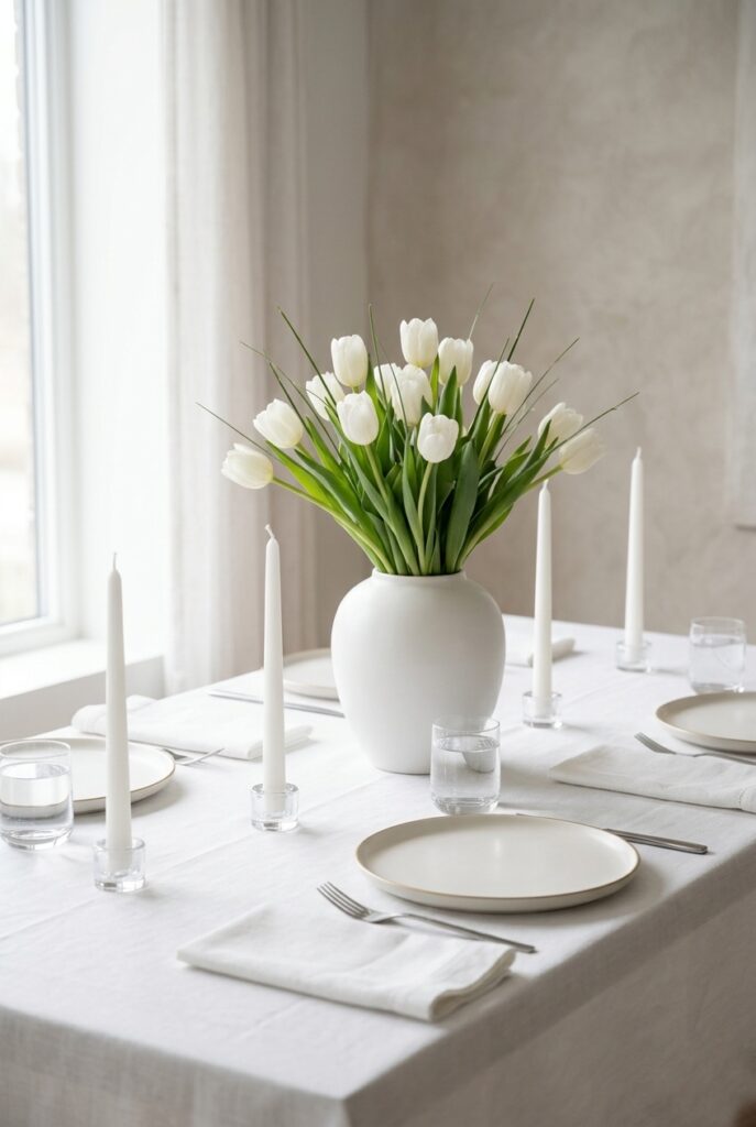 IMAGE 8 HERE Alt text: Minimal elegant bridal shower setup with white tulips, neutral linen, and single candle centerpieces on a clean white table Image prompt: Photorealistic portrait image of a minimal, curated bridal shower table with no obvious theme. Tall white tulips in a single large white ceramic vase as the centerpiece, white linen tablecloth with very slight texture visible, individual white taper candles in simple clear glass holders at each place setting, plain white plates with a thin matte rim, folded white linen napkins, no other decorative elements. Soft natural window light creating clean, even illumination. Sophisticated, quiet, modern. No text overlays. Generate in vertical portrait orientation, 2:3 aspect ratio, optimized for mobile display.