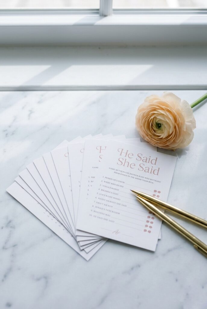 IMAGE 1 HERE Alt text: He Said She Said bridal shower game cards fanned out on a marble surface next to a single ranunculus bloom Image prompt: A photorealistic close-up of a fan of elegant "He Said She Said" bridal shower game cards arranged on a cool white marble surface, with soft blush typography visible on the cards. A single pale peach ranunculus flower rests beside the cards. Two fine-tip gold pens lie diagonally across the composition. Soft natural window light from above, casting subtle cool shadows. Clean editorial styling with a modern bridal aesthetic. No text overlays. Generate in vertical portrait orientation, 2:3 aspect ratio, optimized for mobile display.