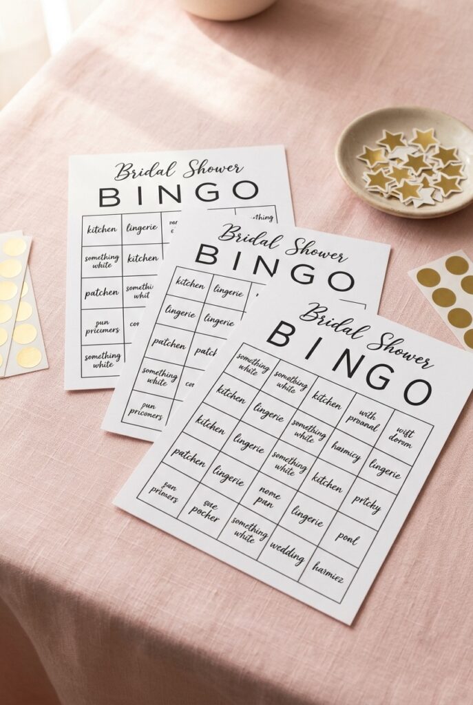 IMAGE 2 HERE Alt text: Bridal shower bingo cards with custom wedding gift squares on a pastel pink tablecloth with gold markers Image prompt: A photorealistic flat-lay of three custom bridal shower bingo cards arranged slightly overlapping on a soft pastel pink linen tablecloth. Each bingo card has handwritten or printed wedding gift categories in the squares — words like "kitchen," "lingerie," "something white" partially visible. Gold dot markers and a small dish of gold star stickers sit beside the cards. Soft warm window light with gentle shadows. Elegant but approachable bridal aesthetic. No text overlays. Generate in vertical portrait orientation, 2:3 aspect ratio, optimized for mobile display.