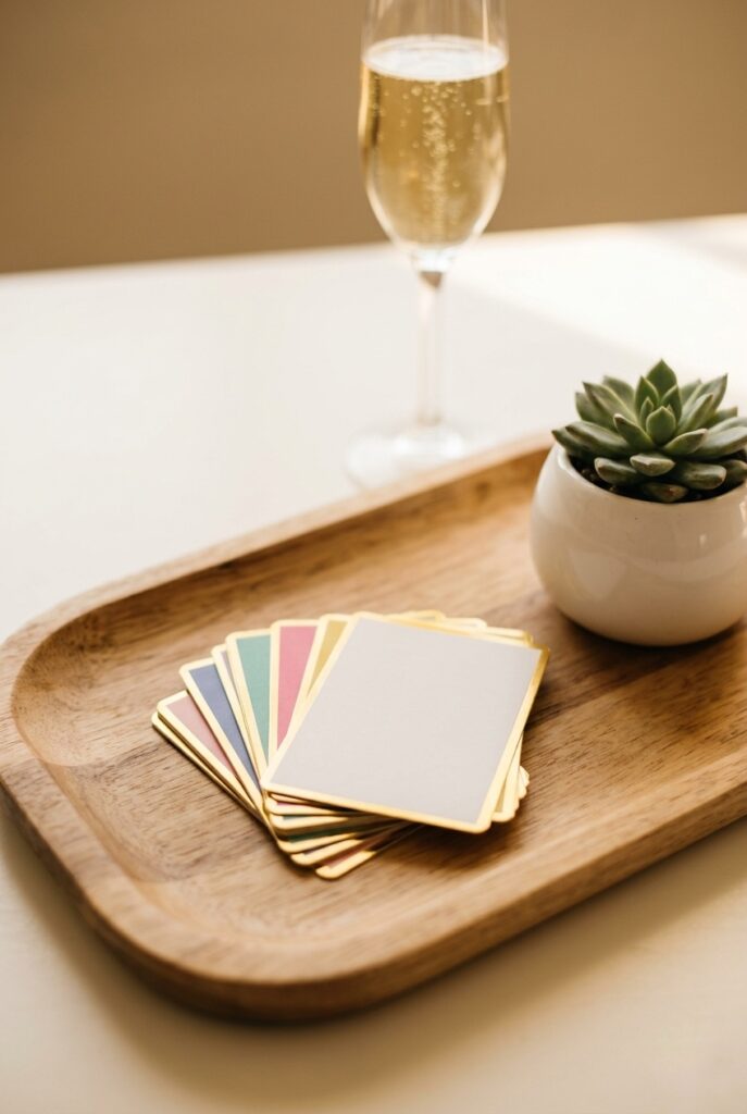 IMAGE 3 HERE Alt text: Colorful bridal shower wedding trivia game question cards stacked on a wooden tray with champagne nearby Image prompt: A photorealistic styled shot of a small stack of printed wedding trivia cards on a natural wooden serving tray, with gold-edged card borders partially visible. A champagne flute with bubbles sits in the soft-focus background. A small potted succulent in a white ceramic pot sits beside the tray. Soft warm afternoon natural light, slightly warm tones. Relaxed, modern bridal styling. No text overlays. Generate in vertical portrait orientation, 2:3 aspect ratio, optimized for mobile display.