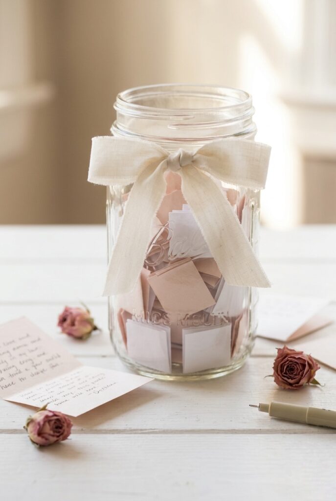 IMAGE 4 HERE Alt text: Bridal shower memory jar game with folded paper notes, a glass mason jar, and floral ribbon decoration Image prompt: A photorealistic close-up of a clear glass mason jar filled with small folded squares of pale blush and white paper, sitting on a white painted wood surface. A soft linen ribbon in ivory is tied around the jar neck in a loose bow. Scattered around the base: two unfolded notes with handwriting visible but illegible, a fine-tip pen, and three small dried rosebuds in dusty rose. Soft natural window light from the side, warm and gentle. Intimate, personal bridal styling. No text overlays. Generate in vertical portrait orientation, 2:3 aspect ratio, optimized for mobile display.