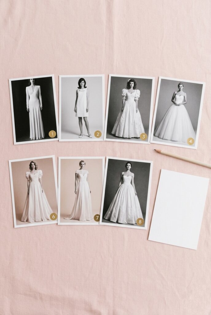 IMAGE 5 HERE Alt text: Printed photos of famous wedding gowns from different decades arranged as a bridal shower guessing game Image prompt: A photorealistic flat-lay of eight numbered printed photo cards arranged in two rows on a blush pink linen surface. Each card shows a different era-inspired wedding gown silhouette in black and white or soft sepia — 1940s column dress, 1960s shift, 1980s puff sleeve, 2000s strapless ballgown visible. Small numbered gold stickers on each card. A pencil and a clean white answer sheet lie alongside the arrangement. Soft diffused natural light from above, even and airy. Elegant and editorial. No text overlays. Generate in vertical portrait orientation, 2:3 aspect ratio, optimized for mobile display.