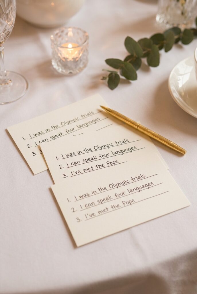 IMAGE 6 HERE Alt text: Bridal shower two truths and a lie game cards with handwritten statements on ivory cardstock Image prompt: A photorealistic styled image of three ivory cardstock cards laid slightly fanned on a soft white tablecloth, each with neat handwritten lines on them suggesting "two truths and a lie" statements. A thin gold-leaf pen rests across the cards. In the background, soft-focus: a small crystal votive candle, a sprig of eucalyptus. Warm, intimate candlelit-adjacent lighting suggesting an indoor afternoon event. Refined bridal styling. No text overlays. Generate in vertical portrait orientation, 2:3 aspect ratio, optimized for mobile display.