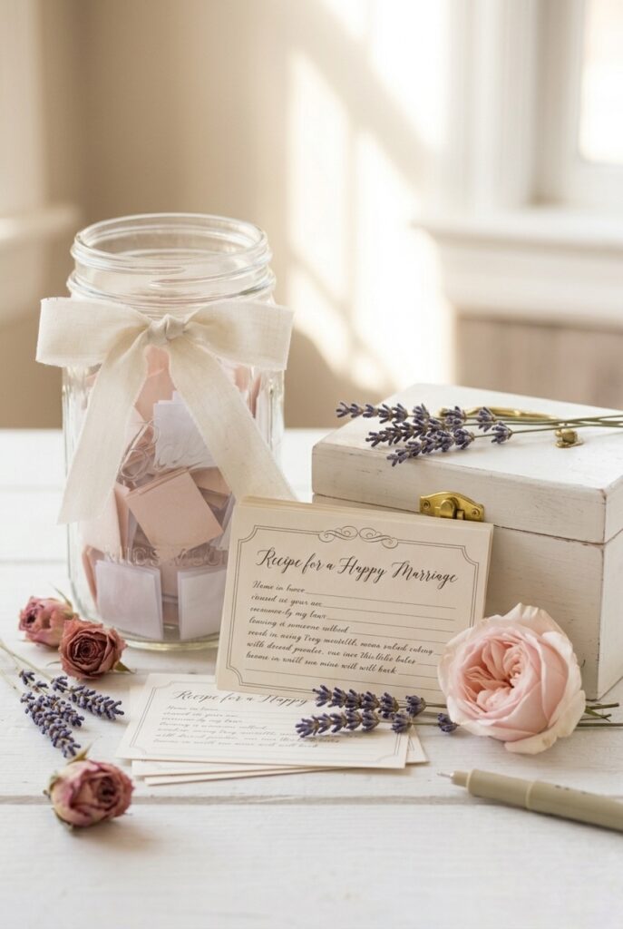 IMAGE 8 HERE Alt text: Bridal shower recipe card for marriage activity with decorative cards and floral display at a table setting Image prompt: A photorealistic styled shot of a small display at a bridal shower table: a stack of recipe-card-sized ivory printed cards with a decorative top border reading something like "Recipe for a Happy Marriage" in script (text decorative, not reading clearly). A small antique-style recipe box in white with a gold hinge sits beside the stack. Scattered dried lavender stems, a single pale pink garden rose. Warm, soft natural light with slight warmth. Romantic but unfussy bridal styling. No text overlays. Generate in vertical portrait orientation, 2:3 aspect ratio, optimized for mobile display.