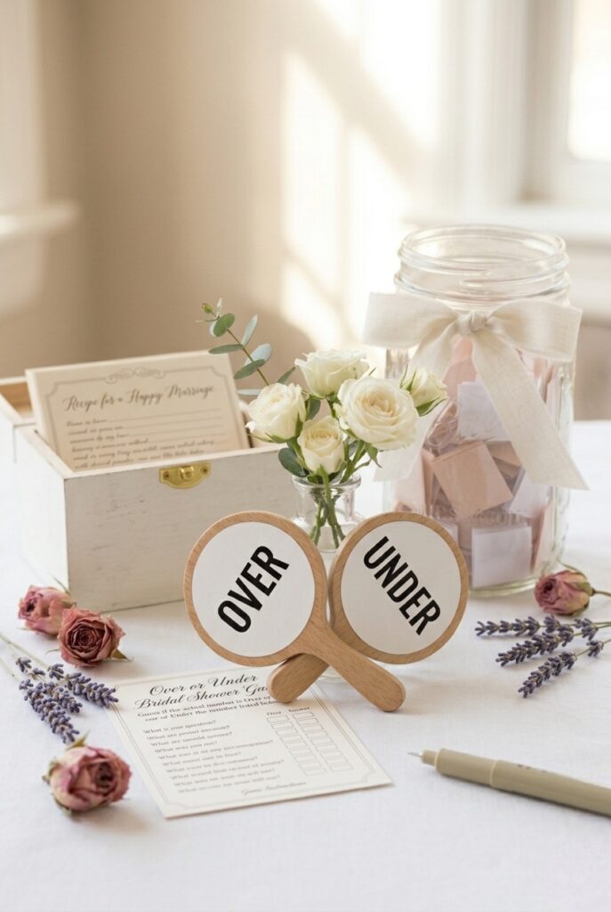 IMAGE 9 HERE Alt text: Over or under bridal shower game paddles and number card display on a decorated party table Image prompt: A photorealistic styled image of two small round paddle signs — one reading "OVER" in bold black on white, one "UNDER" — propped against a small glass vase of white spray roses on a white tablecloth. Beside them, a printed card with a question visible in script font but not fully legible. Soft warm natural light from the side, clean white background. Modern, minimal bridal game setup. No text overlays. Generate in vertical portrait orientation, 2:3 aspect ratio, optimized for mobile display.