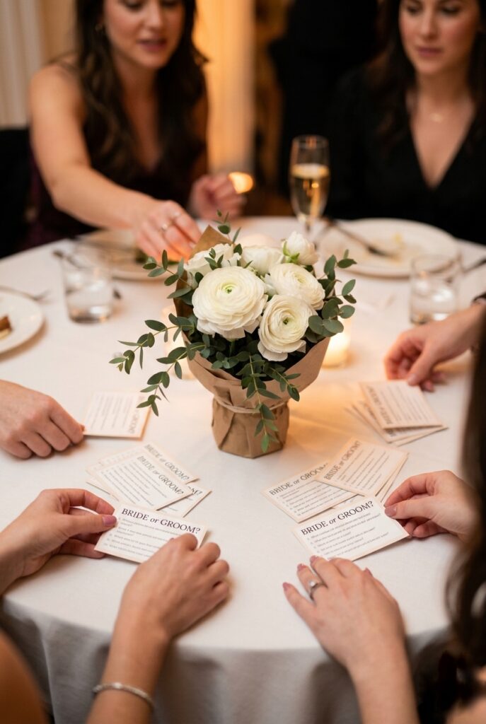 IMAGE 10 HERE Alt text: Bridal shower bouquet trivia race with small paper cards and a centerpiece bouquet of ranunculus and greenery Image prompt: A photorealistic close-up of a small paper-wrapped bouquet of white ranunculus and trailing eucalyptus sitting in the center of a round party table, with printed trivia question cards fanned out on the table surface around it. Guests' hands (soft focus, not sharp) reach in from the edges. Warm candlelit indoor party atmosphere with ambient glow. Festive but refined bridal event styling. No text overlays. Generate in vertical portrait orientation, 2:3 aspect ratio, optimized for mobile display.