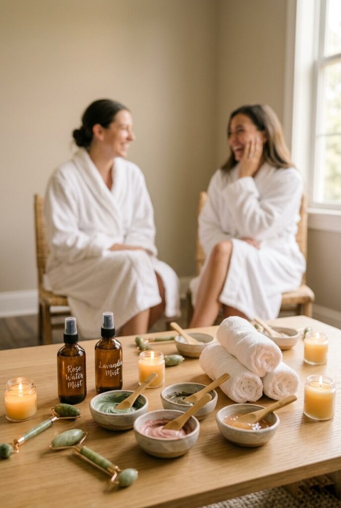 IMAGE 5 HERE Alt text: Spa-themed bridal shower with white robes, face mask station, cucumber water, and candles on a soft neutral-toned table Image prompt: Photorealistic portrait shot of a home spa-themed bridal shower setup. A low wooden table holds a curated face mask station with small ceramic bowls, rose water mist bottles, jade rollers, and mini spa tools. Fluffy white towels are rolled beside the station. Small candles in glass jars are lit around the arrangement. Two women in white robes sit softly blurred in the background, laughing. Warm candlelit atmosphere with soft golden light. No text overlays. Generate in vertical portrait orientation, 2:3 aspect ratio, optimized for mobile display.