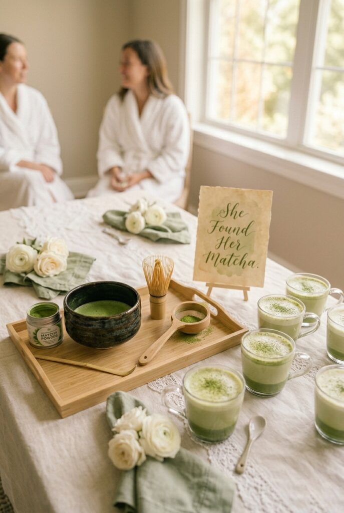 IMAGE 7 HERE Alt text: Matcha-themed bridal shower tea bar with green tea powder, bamboo whisks, milk frother, and sage green table decor Image prompt: Photorealistic portrait shot of a matcha-themed bridal shower tea bar station. A light wooden tray holds a ceremonial matcha bowl, bamboo whisk, small wooden spoon, and a tin of bright green matcha powder. Small glass cups hold layered matcha lattes with oat milk. Sage green linen napkins, tiny white flowers, and ceramic spoons complete the scene. A hand-lettered card reads "She Found Her Matcha." Soft natural window light from above. No text overlays. Generate in vertical portrait orientation, 2:3 aspect ratio, optimized for mobile display.