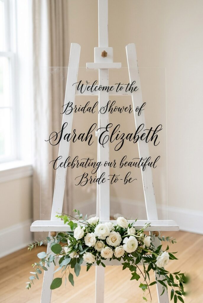 Image prompt: Photorealistic portrait image of a clear 3mm acrylic sign with elegant hand-lettered black calligraphy on a white wooden easel. The calligraphy is personalized with a bride's name and shower text. Small white garden roses and trailing greenery are placed at the base of the easel. Soft natural window light from the side creates a clean, airy atmosphere. Neutral cream-colored wall in background. No text overlays. Generate in vertical portrait orientation, 2:3 aspect ratio, optimized for mobile display.