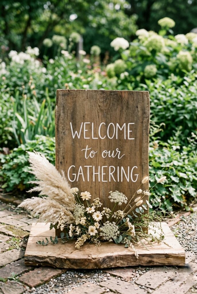 Image prompt: Photorealistic portrait image of a rustic hand-painted wooden welcome sign resting on a raw-edge wood slab base. Text is painted in white against the natural wood grain in a simple script. Dried pampas grass and small cream wildflowers are clustered at the sign's base. Soft natural outdoor light in a garden setting with blurred greenery background. No text overlays. Generate in vertical portrait orientation, 2:3 aspect ratio, optimized for mobile display.