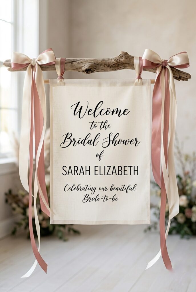 IMAGE 3 HERE Alt text: Neutral linen hanging bridal shower welcome sign with black calligraphy tied to a driftwood dowel with cream ribbon Image prompt: Photorealistic portrait image of a linen fabric bridal shower welcome sign hanging from a driftwood or smooth wooden dowel. The linen is a warm ivory-white color with hand-lettered black calligraphy. Cream and dusty rose satin ribbons are tied at each end of the dowel. Soft natural window light. Clean neutral background with slight texture. No text overlays. Generate in vertical portrait orientation, 2:3 aspect ratio, optimized for mobile display.