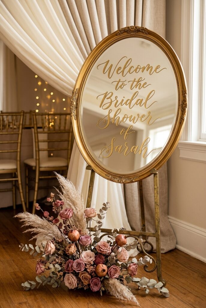 IMAGE 4 HERE Alt text: Antique oval mirror with gold vinyl calligraphy lettering used as a bridal shower welcome sign on a brass easel Image prompt: Photorealistic portrait image of an antique-style oval mirror with gold vinyl lettering applied directly to the mirror surface. The mirror is propped on a slim brass easel. Small dried flowers in blush tones are tucked at the base of the easel. Warm ambient indoor light with a soft bokeh background showing cream-colored event draping. Elegant and minimal aesthetic. No text overlays. Generate in vertical portrait orientation, 2:3 aspect ratio, optimized for mobile display.
Image should be differnt from the previous ones
