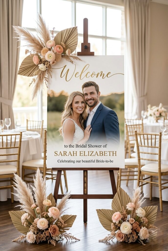 IMAGE 5 HERE Alt text: Large foam board bridal shower welcome sign with engagement photo and floral design layout displayed on a wooden easel Image prompt: Photorealistic portrait image of a large 24x36 inch foam board bridal shower welcome sign mounted on a dark walnut easel. The sign features a printed engagement photograph with elegant serif typography and a subtle blush watercolor border. Natural warm light in a bright event space with white linens visible in the background. The foam board sign has clean edges and a professional print finish. No text overlays. Generate in vertical portrait orientation, 2:3 aspect ratio, optimized for mobile display.