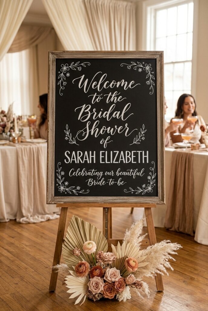 IMAGE 6 HERE Alt text: Hand-lettered chalkboard bridal shower welcome sign with chalk marker calligraphy and floral details Image prompt: Photorealistic portrait image of a large slate or black chalkboard sign hand-lettered with white chalk marker calligraphy. The lettering includes a welcoming bridal shower message with small hand-drawn floral accents in the corners. The chalkboard has a classic wooden frame. Displayed on a simple wooden A-frame easel. Soft warm interior light. The background shows a softly blurred event space with neutral tones. No text overlays. Generate in vertical portrait orientation, 2:3 aspect ratio, optimized for mobile display.