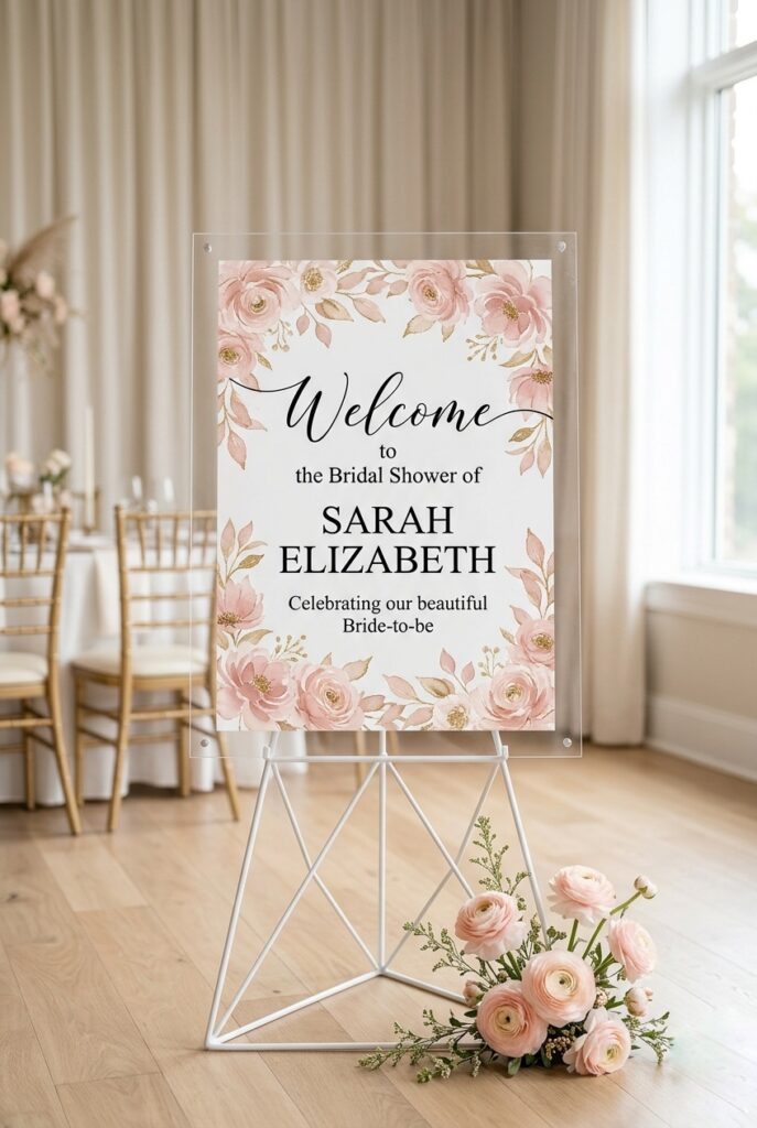 IMAGE 7 HERE Alt text: Clear acrylic frame holding a printed bridal shower welcome sign insert with blush floral design on a white easel Image prompt: Photorealistic portrait image of a clean clear acrylic picture frame holding a professionally printed bridal shower welcome sign insert with a blush pink and gold floral watercolor design. The frame is propped on a white geometric easel. A small cluster of fresh blush ranunculus flowers is placed beside the base. Soft natural window light from the right side. White and cream event space background. No text overlays. Generate in vertical portrait orientation, 2:3 aspect ratio, optimized for mobile display.